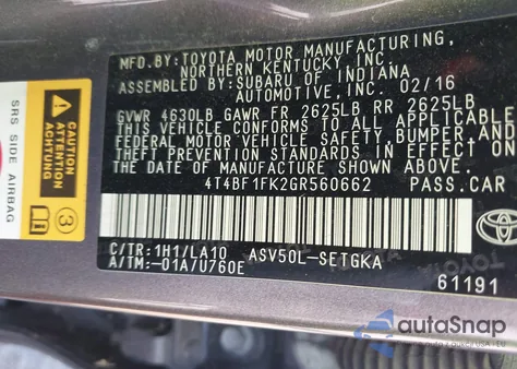 2016 Toyota Camry Xle из США, поврежденный, VIN 4T4BF1FK2GR560662